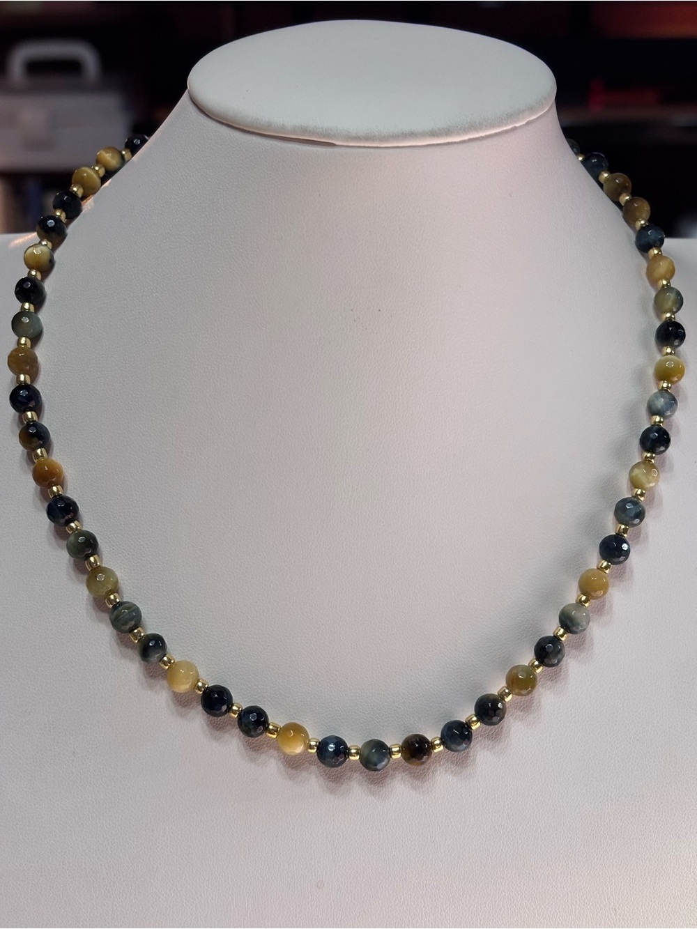 Handmade Golden Blue Tiger Eye Beaded Necklace 18 inches